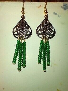 Elegant Handmade Green Beaded Dangle Earrings with Filigree Accent